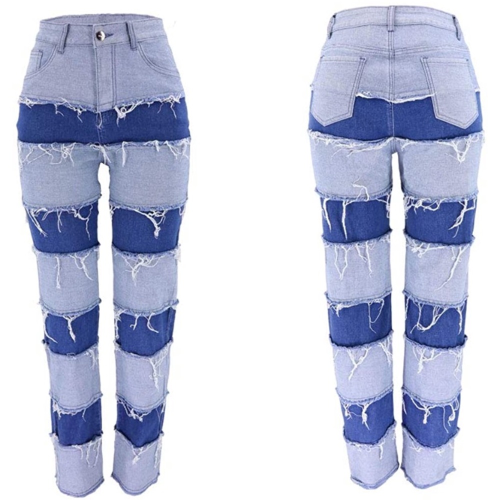 Patch stripe frayed high waist baggy straight jean